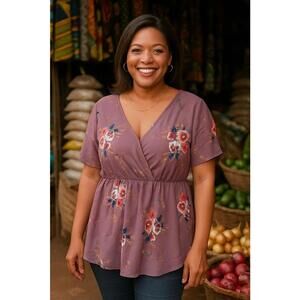 BloomChic Womens Purple Print Faux Wrap Asymmetrical Hem Blouse 14/16